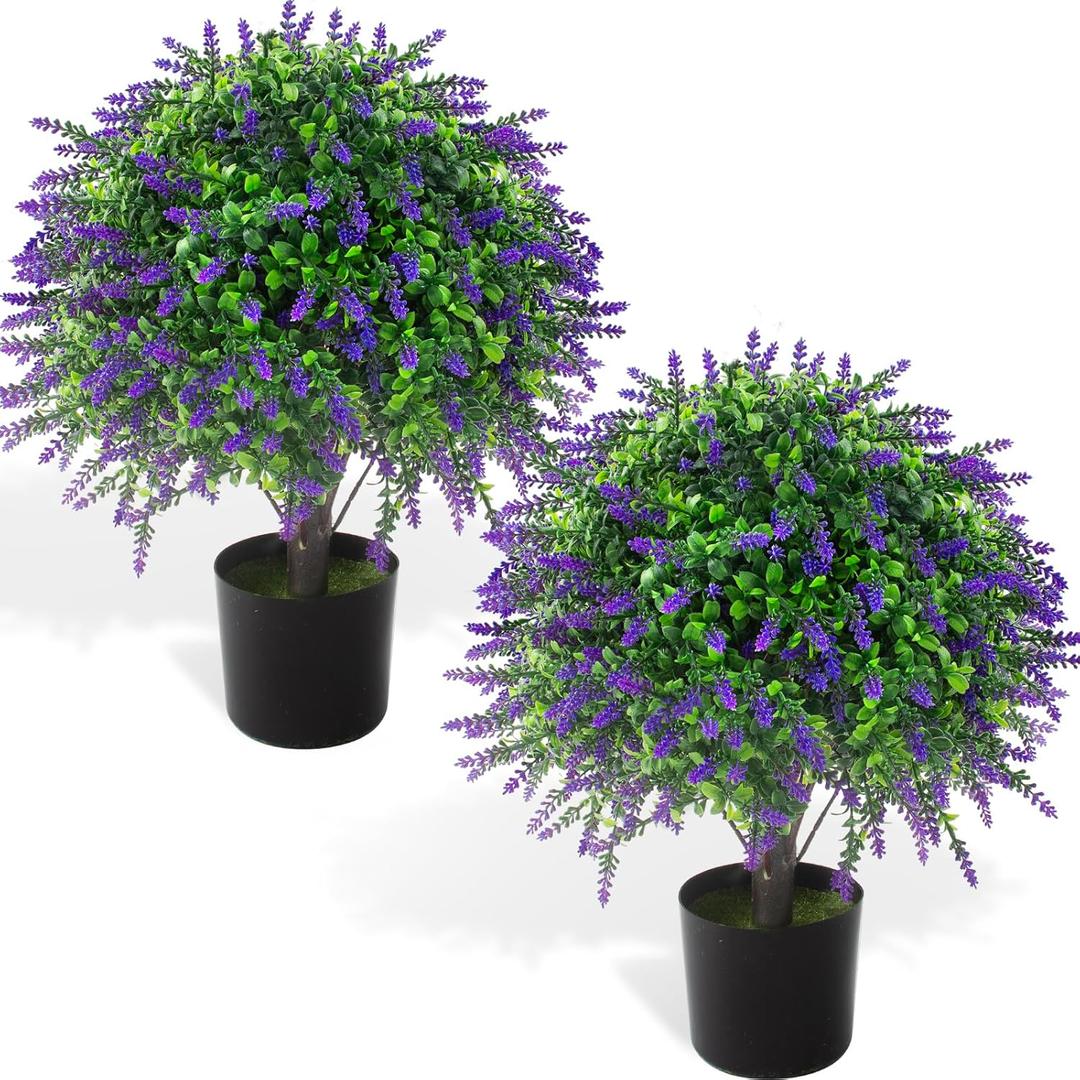 2 Pcs Artificial Lavender Topiary Ball Trees Potted Plants, UV Resistant Fake Lavender Topiary Plant Purple Trees for Garden, Front Door Porch and Outdoor Decor (Purple, M)