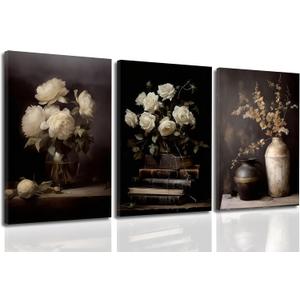 CCZ Vintage Moody Flower Wall Art Dark Floral Canvas Rustic Wall decor Black Botanical Farmhouse Painting Picture Dark Academia Poster Still Life Vase Book Rose Prints Artwork for Living Room Bedroom, 24"L x 16"W-Wrapped Canvas