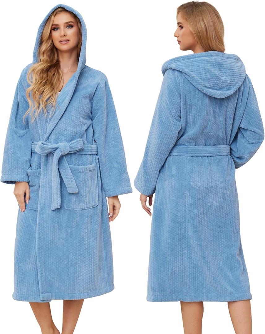PJGGZ Hooded Bathrobes for Women, Soft Long Towel Robes for Women - Quick Dry yet Warm (Small-Medium, Haze Blue)