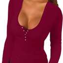 Afibi Women Long Sleeve Tops Scoop Neck Low Cut Slim Fitted Henley Shirt Ribbed Basic Tee Shirts Tops (Medium, Burgundy)