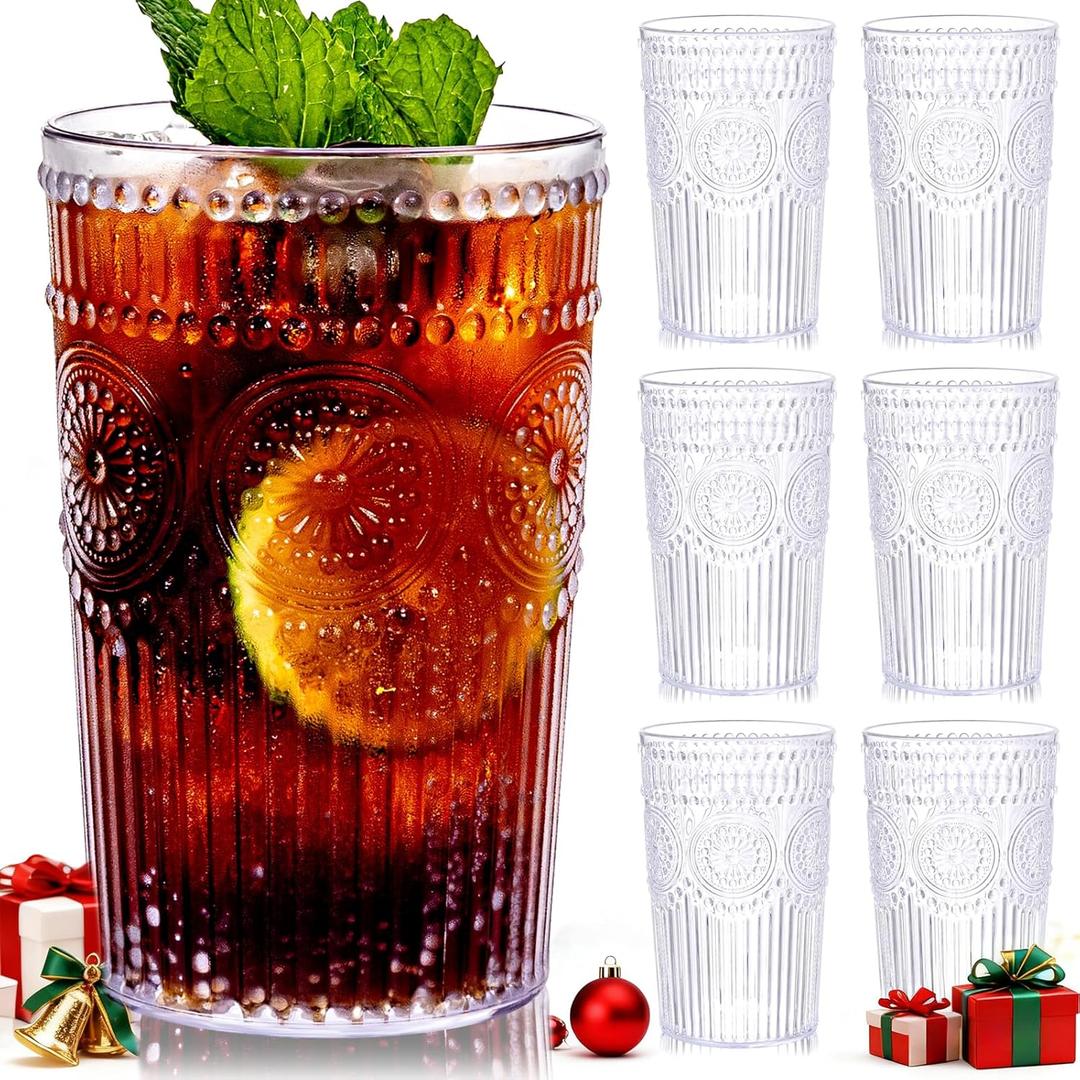 Ciaell 12 Pack Romantic Plastic Water Glasses - 14 Oz Clear Vintage Drinking Glasses, Embossed Ribbed Plastic Cups, Textured Striped Drinkware Set for Juice, Beverages, Beer, Cocktail