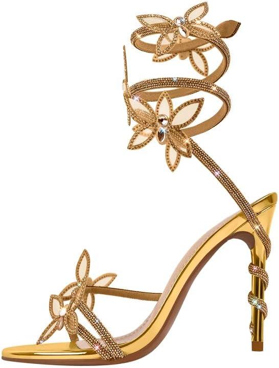 sexytag Diamante Heels Butterfly Wrap Around Strap Fantasy Rhinestone Sparkly Stiletto Heel Sandals (9, Gold)