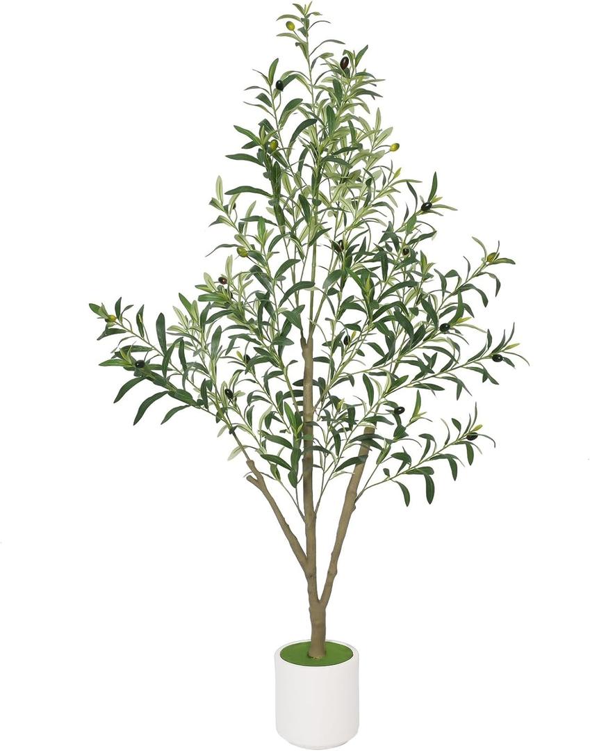 Timoo Faux Olive Tree Olive Trees Artificial Indoor with White Planter (5 FT)