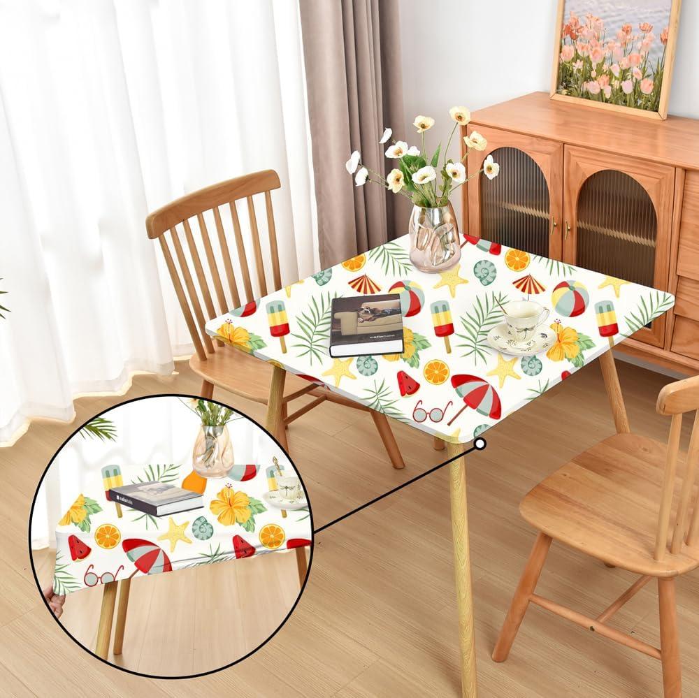 Summer Fitted Tablecloth with Elastic for 38x38 inch Square Folding Tables Washable Stretchy Spandex Card Table Covers Cloth Beach Umbrella and Ball Fabric Table Cloths Not Vinyl