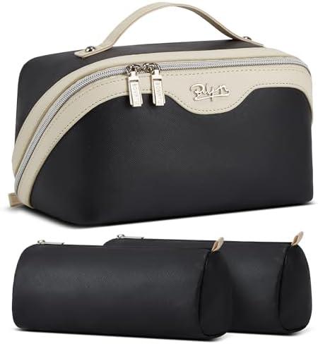 BOYATU Travel Makeup Bag Organizer Cosmetic Bag: 3 Pcs Set Make up Bags for Women with Handle - Waterproof Vegan Leather Toiletry Bags with Comparments (D-03-Black)