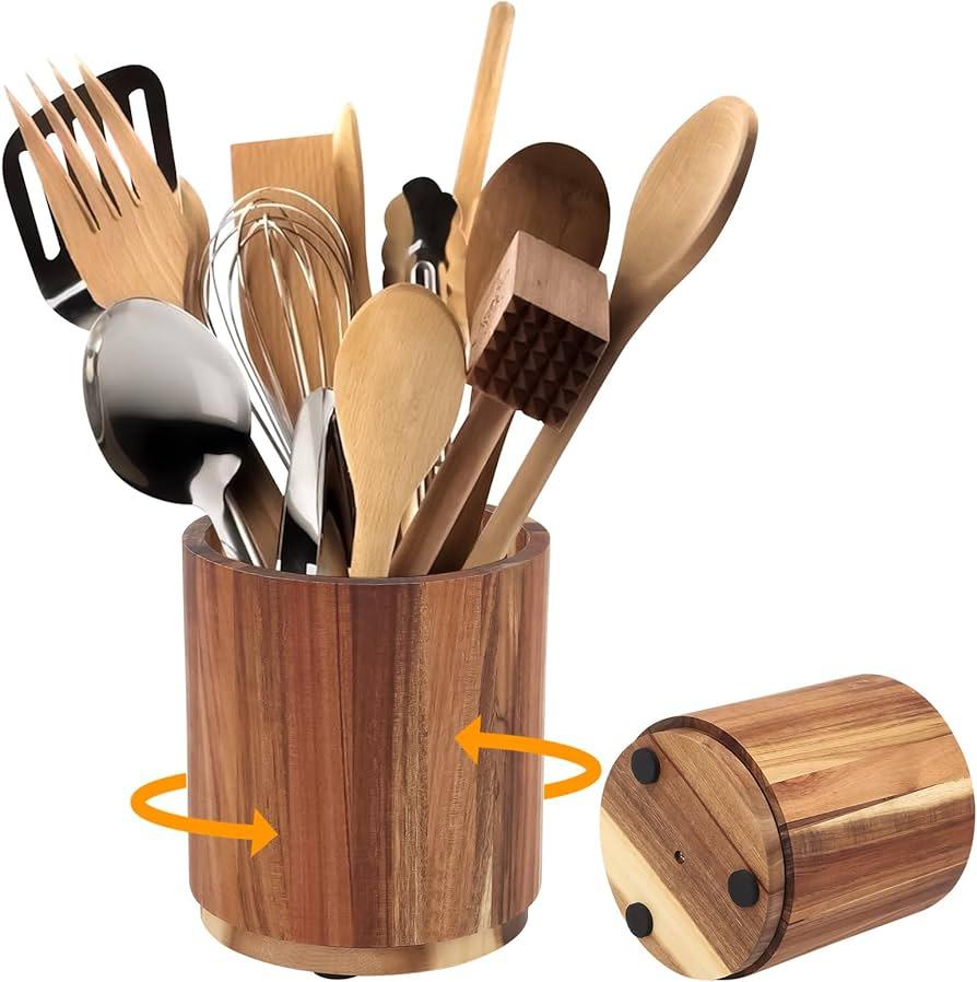 KINGSOW Utensil Holder for Kitchen Countertop: 360° Rotating Wooden Utensil Crocks  Farmhouse Cooking Spoons Organizer