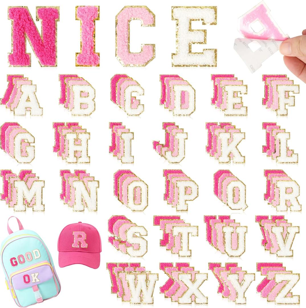 NICEVINYL Self-Adhesive Chenille Letters Patches: 104PCS Pink-Colored Letter Patches Stickers - Varsity Alphabet Initial Patch for Clothing Backpacks Make-up Bags DIY Gifts Decor