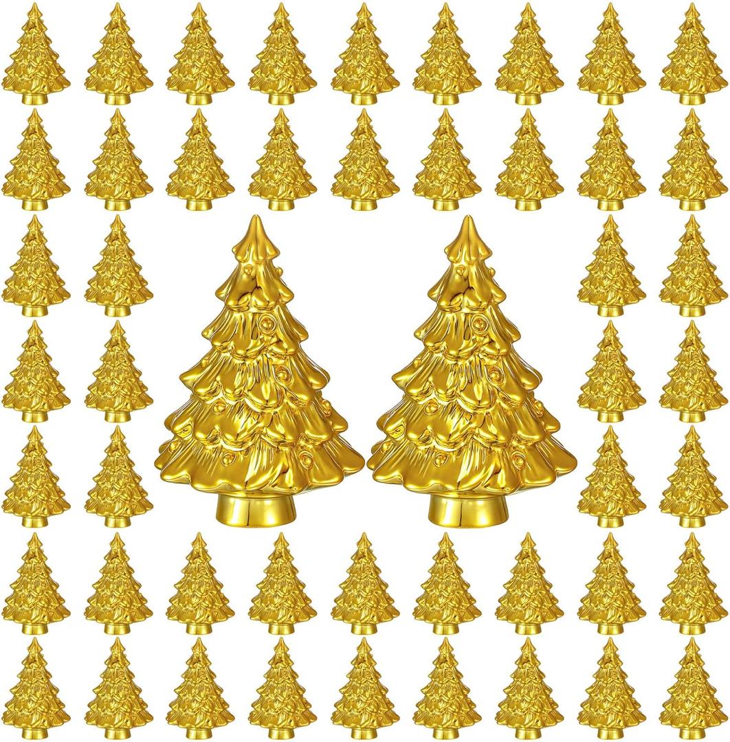 Soulchen 50 Pcs Mini Christmas Tree Figurines Gold Resin Miniature Christmas Statue Micro Tabletop Mantel Shelf Centerpieces Garden Landscape Dollhouse Cake Decoration DIY Craft Charms for Party Gift