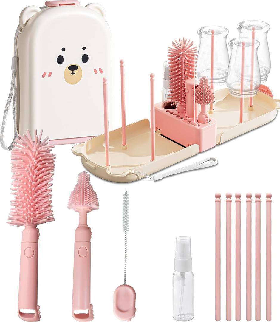 Pink Travel Baby Bottle Cleaner Kit – 6-in-1 Portable Brush Set with Drying Rack & Storage Case | Baby Travel Essentials for Flying, Newborn Bottle Cleaning & Breast Pump Parts On-The-Go