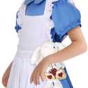 2 x Girls Halloween Costume Kids Blue Dress White Apron with Plush Rabbit Bow Hair Band Socks (7-9year)