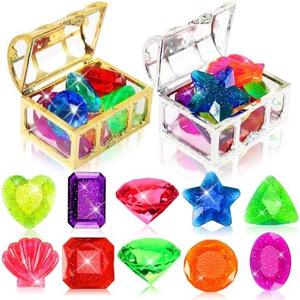 MARFOREVER 22 Pcs Diving Gem Pool Toys, Colorful Large Acrylic Diamond Pool Gems with 2 Pirate Treasure Chest Boxes Dive Throw Toys for Summer Swim Underwater Training Game Birthday Gift Prizes Missing Boxes