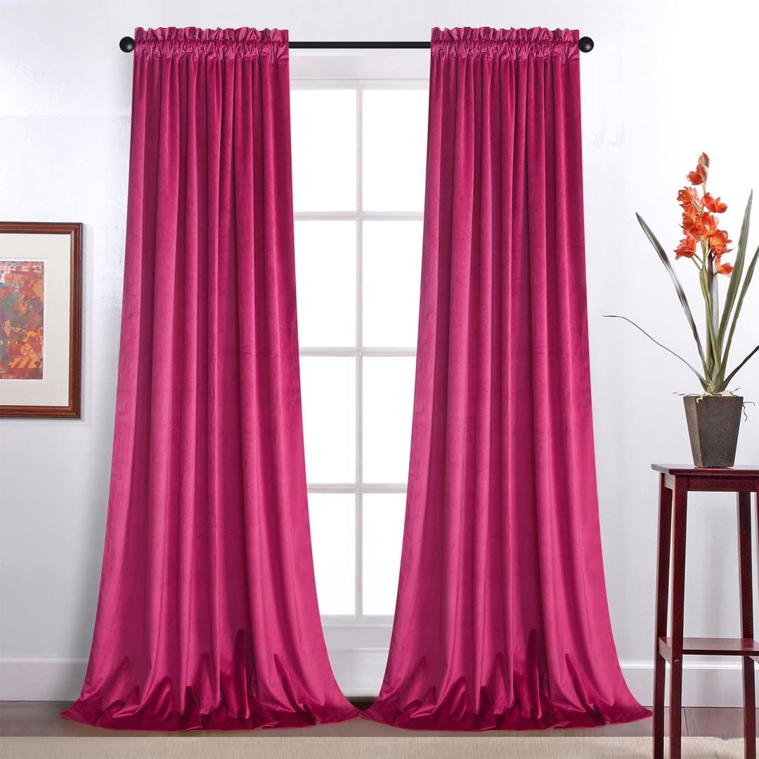 Roslynwood Velvet Curtains 96 inches Long - Home Decor Hot Pink Curtains Drapes for Living Room, Blackout Thermal Insulated Window Treatment for Dining Room Holiday Backdrop, W52 x L96, 2 Panels (Berry)