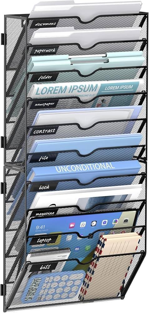 Wall File Organizer Office Hanging Mail Holder Wall Mounted, Mesh Paper Document Organizer for Office Home School, Black