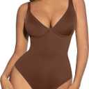 FeelinGirl Shapewear Bodysuits for Women Tummy Control Body Suits Deep V Neck Thong Body Shaper (Small, Brown)