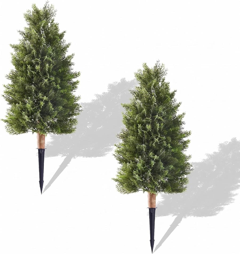 35" Artificial Cedar Topiary Ball Trees Set, 2 Pack Faux Cypress Plants UV Resistant Pine Shrubs Fake Bushes for Outdoor Indoor Front Porch Garden