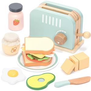 UMU® Wooden Toaster & Sandwich Play Set – Includes Pop-up Toaster, Sliceable Butter, Kitchen Accessories & More – Pretend Play Toy for Kids Ages 3 4 5 6
