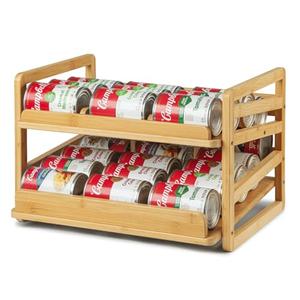 Aclema Bamboo Rolling Can Organizer for Pantry, Stackable 2 Tier Canned Food Organizer Rack for Storage, Kitchen Cabinet, Can Holders Dispensers for Pantry Up To 27 Cans