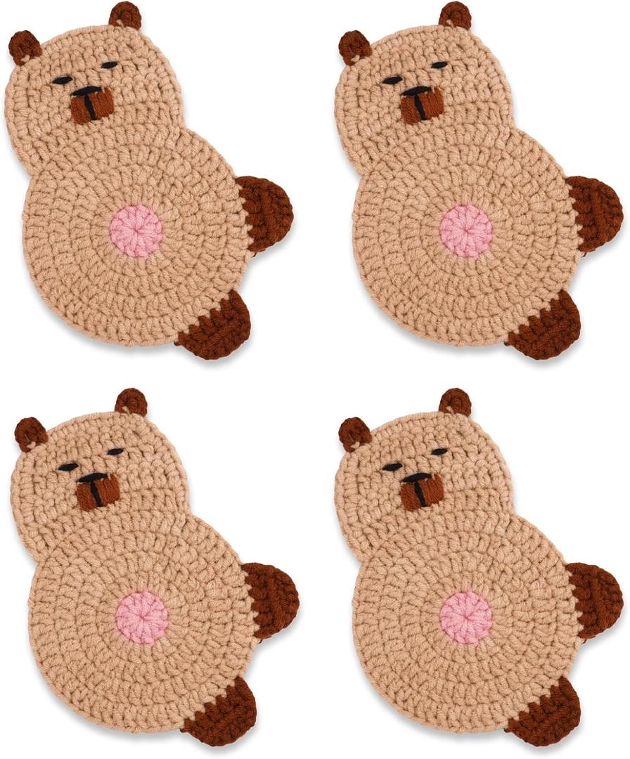 Coasters for Drinks - 4 PCS Capybara Crochet Coasters Cute Coffee Coaster for Table Decor, Housewarming Capybara Gifts (Light Brown Capybara)