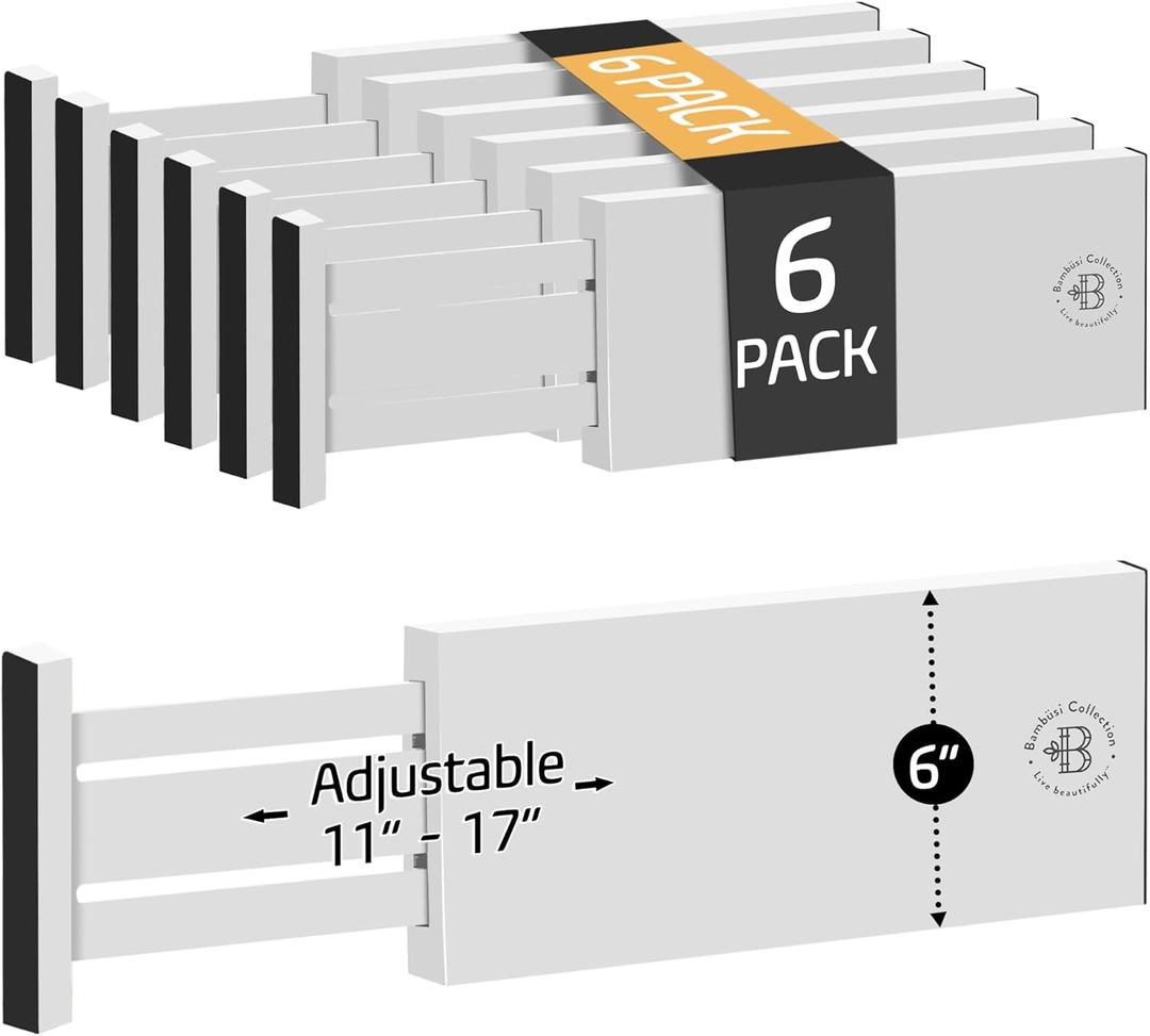 6 Pack Drawer Dividers 6 Inch High, 11-17" Adjustable Bamboo Organizers Large Expandable Drawer Separators for Cloths, Dresser, Bedroom, Bathroom, Baby Drawer, Office & Kitchen Utensils (White)