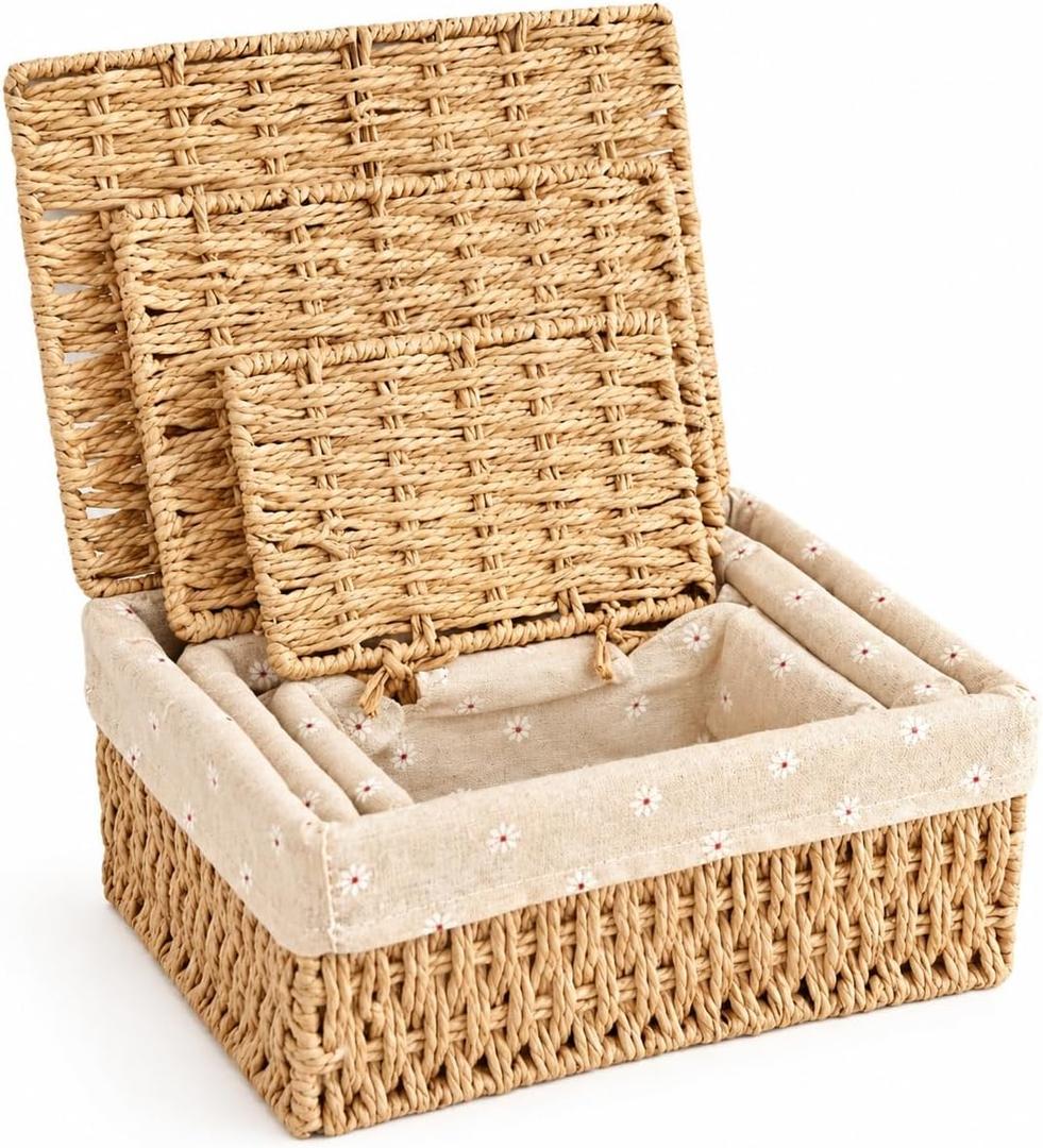 Small Wicker Basket with Lid, Khaki Paper Rope Woven Storage Basket with Removable Liner, Stackable Shelf Bin for Bathroom, Closet, Nursery