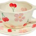 Cute Mug Flower Teacup and Saucers Set for Mom 8 oz (Red Cherry)
