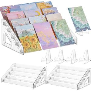 Roowest 2 Pack 5 Tier Acrylic Card Display Stand with 4 Mini Triangle Display Holder for Greeting Sports Cards, Postcards, Stickers Brochures, Business Cards for Office Home Desk Vendor Events Booth