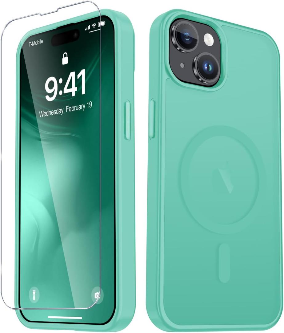 YENAPOON for iPhone 15 Plus Case, iPhone 14 Plus Case, Matte Magnetic Phone Cover with 1 Screen Protector [Support for MagSafe] [Shockproof Military Grade Protection] Translucent Frosted Back, Teal