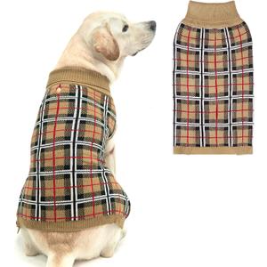 PUPTECK Dog Sweaters for Large Medium Small Dogs - Fall Classic Plaid Style Puppy Holiday Winter Coat Clothes Warm (M/L - Chest 25", Back 18", Cream)