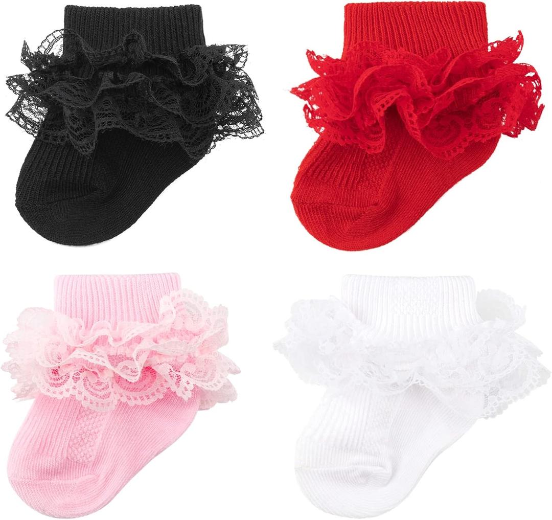 Baby Girls Socks Eyelet Ruffle Frilly Lace Summer Thin Dress Socks for Newborn Infant Toddler Kids (6-12 Months, 4 Pairs C: White, Pink, Black, Red)
