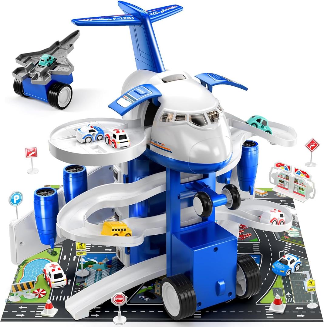 TEMI Kids Airplane Car Toys Race Tracks - Transport Airplane Adventures - 2-6 Boys & Girls - 8 City Cars, Garage Parking Lot Playmat, Birthday Gifts