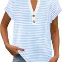 Womens Striped Henley Summer Tops V Neck Button Dressy Casual T Shirts Blouses 2026 Trendy Clothes (XL)