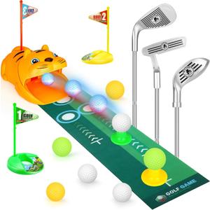 Upgraded Kids Toy Golf Set with Tiger for 3-8 Years Old, Toddler Golf Clubs Set Automatic Golf Returner, Glow Balls, Putting Mat, Mini Golf Games, Indoor Outdoor Sports Toys for Boys Girls