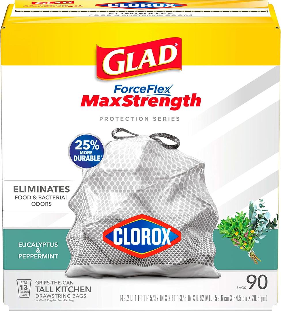 Glad ForceFlex MaxStrength with Clorox Trash Bags, 13 Gal, Eucalyptus and Peppermint, 90 Ct, Pack May Vary