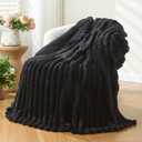 NEWCOSPLAY Super Soft Throw Blanket Black Premium Silky Flannel Fleece 3D Ribbed Jacquard Lightweight Bed Blanket All Season Use (Black Ribbed, Throw(50"x60"))