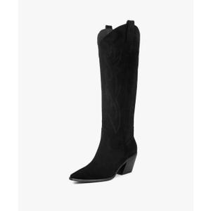 iiimmu Cowgirl Boots Women Knee High Boots Pointed Toe and Block Heel Cowboy Suede and Faux Leather Boots with Embroidered, Size 11, Black