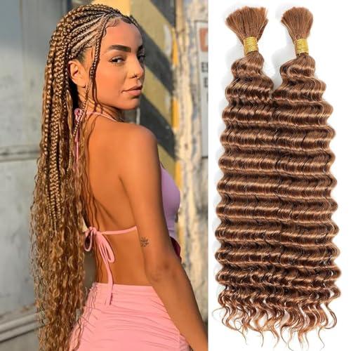 Brown Human Braiding Hair for Boho Braids 20 Inch 30 Deep Wave Boho Human Hair Curly Braiding 100% 10A Virgin Curls Bulk No Weft Bohemian Bundles Extensions for Knotless Braids