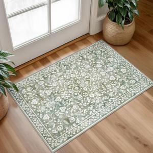 Vintage Entryway Rug Indoor, Sage Green Beige Washable Rug 2x3, Small Area Rug with Non-Slip Backing, Floral Print, Thin Faux Wool Super Soft Door Mat for Kitchen, Entrance, Bedroom, Office Vintage Entryway Rug Indoor, Sage Green Beige Washable Rug 2x3, Small Area Rug with Non-Slip Backing, Floral Print, Thin Faux Wool Super Soft Door Mat for Kitchen, Entrance, Bedroom, Office