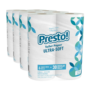 Amazon Brand - Presto! 2-Ply Ultra-Soft Toilet Paper, Septic-Safe, 24 Family Mega Rolls = 120 Regular Rolls, 308 Sheets, Unscented, Pack of 4