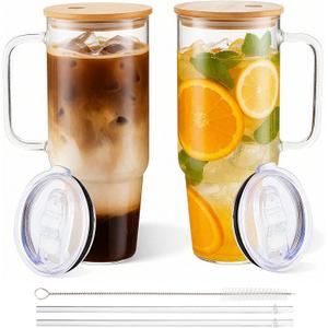 BGRAING Glass Cups with Lids and Straws 2 Pack 40 oz Glass Tumbler with Handle Large Glasses Tumbler with Straw and Lid, with Bamboo Lid & Plastic Lid, for Smoothie, Coffee, Juice, Tea