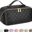 ALEXTINA Large Capacity Travel Cosmetic Bag  Portable Makeup Bags for Women Travel Toiletry Bag Waterproof Leather Checkered Makeup Organizer Bag for Travel Essentials, Open Flat Make up Bag, Black