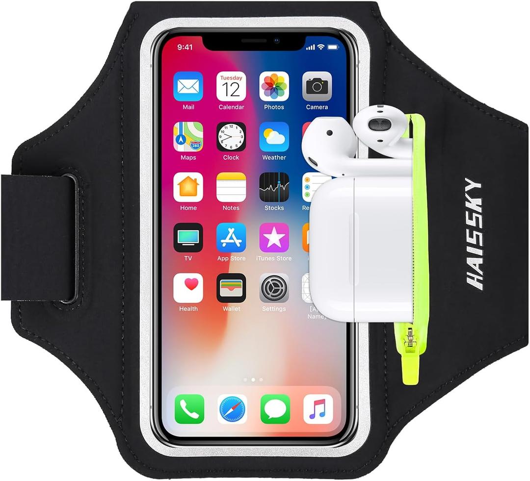 Running Armband with Earphone Bag Cell Phone Armband for iPhone 16 15 Pro 14 Plus 13 11 XR XS, Galaxy S24/S10 Water Resistant Sports Phone Holder Case & Zipper Slot Car Key Holder for 6.7 inch Phone (Black (Up to 6.7''))