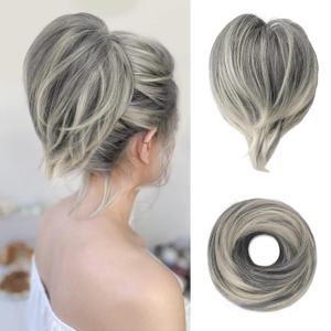 BARSDAR Straight Hair Bun Extensions - Short Straight Ponytail Gray Hair Bun Extensions for Women, Elastic Synthetic Messy Hair Bun Scrunchies Hairpieces Daily - Dark Grey with White Tips (1 Count (Pack of 1))