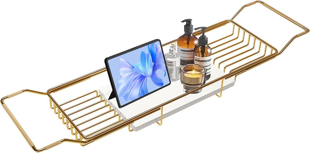 Bathtub Tray Stainless Steel with Marble Base Gold Bathtub Tray with White Marble Base Adjustable & Rustproof Bath Caddy for Spa, Relaxation, Bath Bombs
