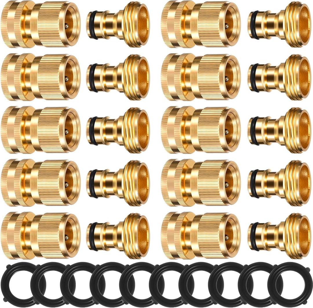 Therwen 10 Sets Garden Hose Quick Connector Solid 3/4 Inch Water Hose Connectors No Leak Heavy Duty Garden Fitting Female Adapter and Male Adapter (Brass Color)