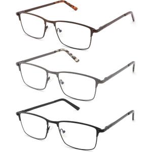 CRGATV 3-Pack Reading Glasses for Men Blue Light Blocking Metal Full Wide Frame Computer Readers Anti UV/Eye Strain/Glare (+2.0 Magnification Strength)