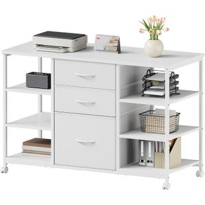 Mobile File Cabinet,Lateral Filing Cabinet with 3 Fabric Drawers,Rolling Printer Stand with 4 Open Storage Shelf for Home Office, White