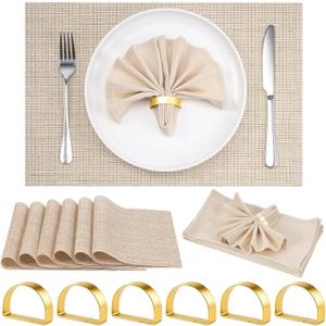 6 Set Beige Placemats, Gold Napkin Rings with Dinner Napkins Cloth, Heat Resistant Non-Slip Place Mats for Dining Table, Washable Durable PVC Vinyl Woven Table Mats for Plates Wedding