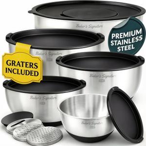 Baker's Signature Stainless Steel Mixing Bowls with Lids Set, 5 Sizes, 3 Graters, Non-Slip Base, Airtight Lids, Metal Mixing Bowls for Kitchen, Food Prep, Storage, 0.63QT-5QT, Black