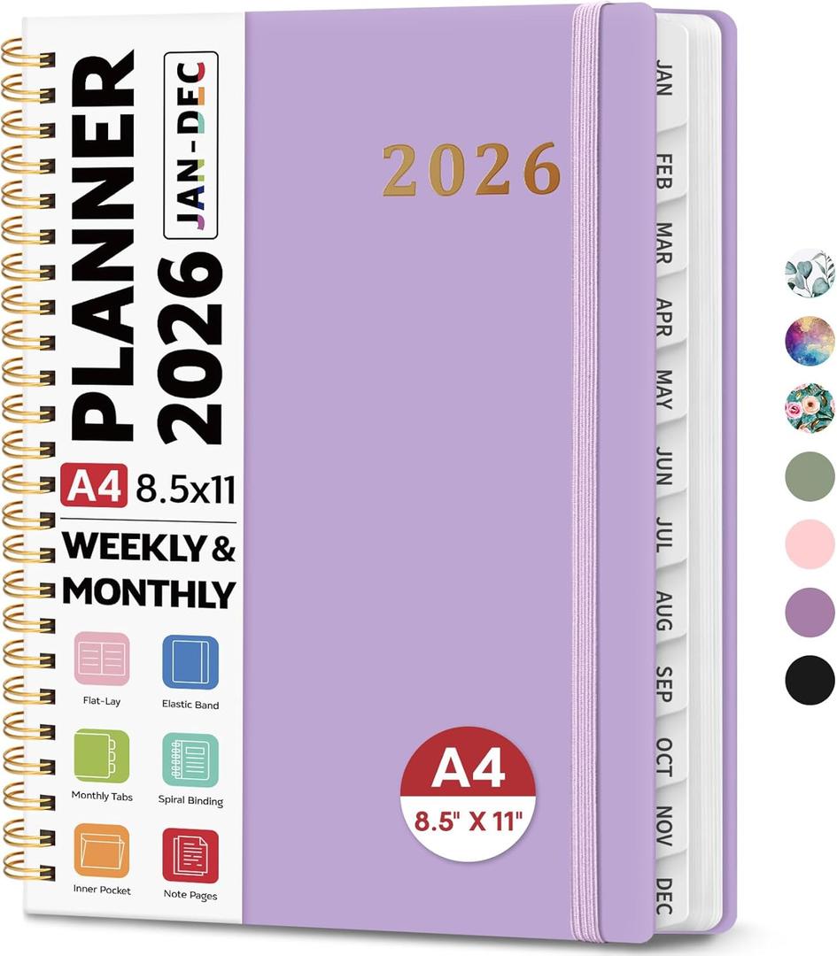 2026 Planner 8.5" x 11", Weekly and Monthly Calendar Planner Book, January 2026 - December 2026, Hardcover Spiral Planner with Monthly Tabs, Notes Pages, Perfect for Women & Men, A4 - Lavender