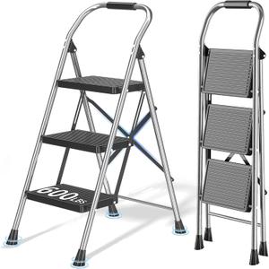 Step Ladder Foldable Folding Stool - for Home Adults Kitchen 3 Stepping Extension Tall Heavy Duty with Handrails - Closet Stepstool Stair Ladders Extendable Stepladder for Indoor House 600Lbs